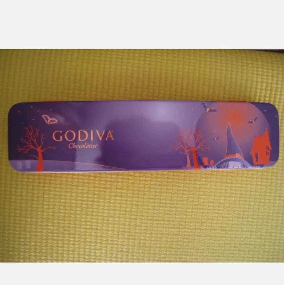 GODIVA Metal Hinged Top Tin Box Container Portable Small Organizer Penci…